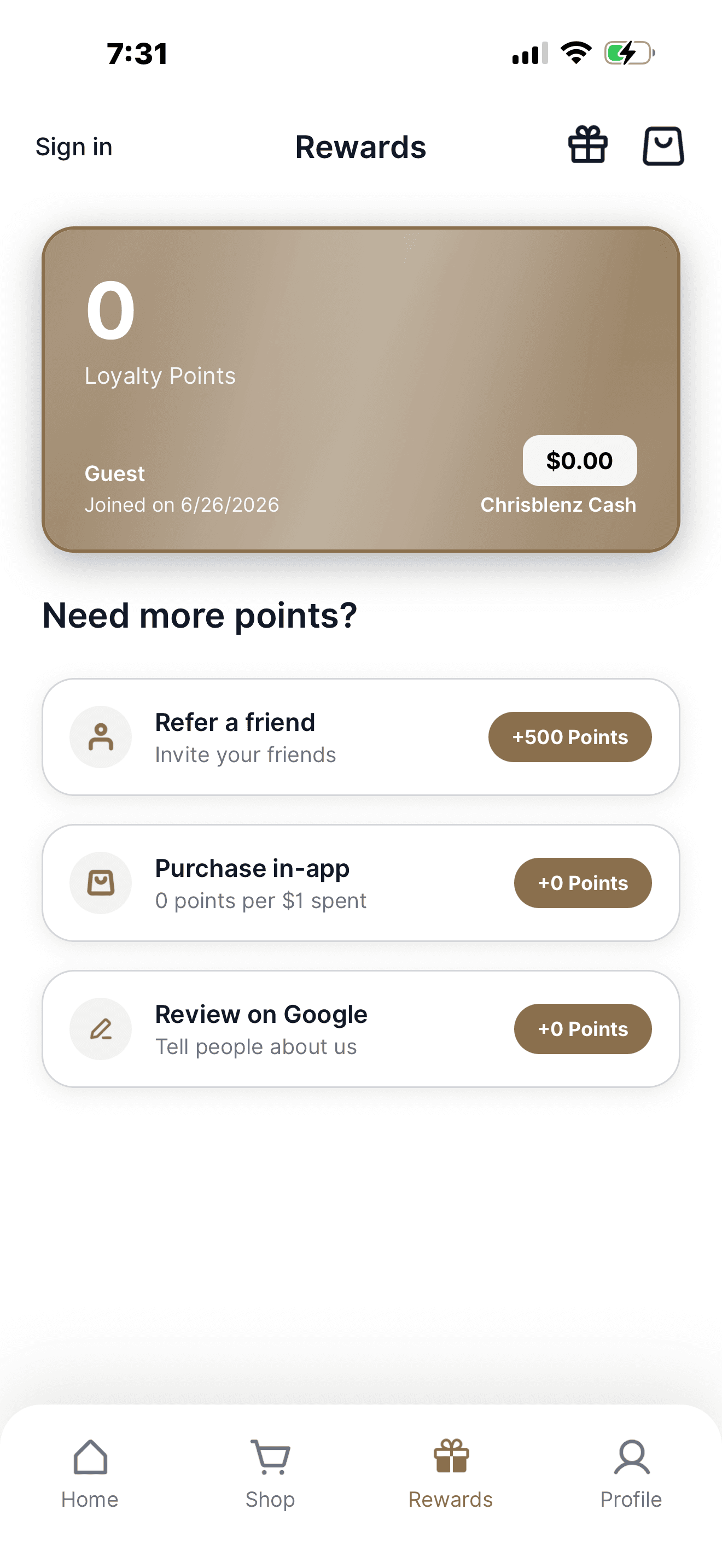 CLPPER rewards and referrals screen