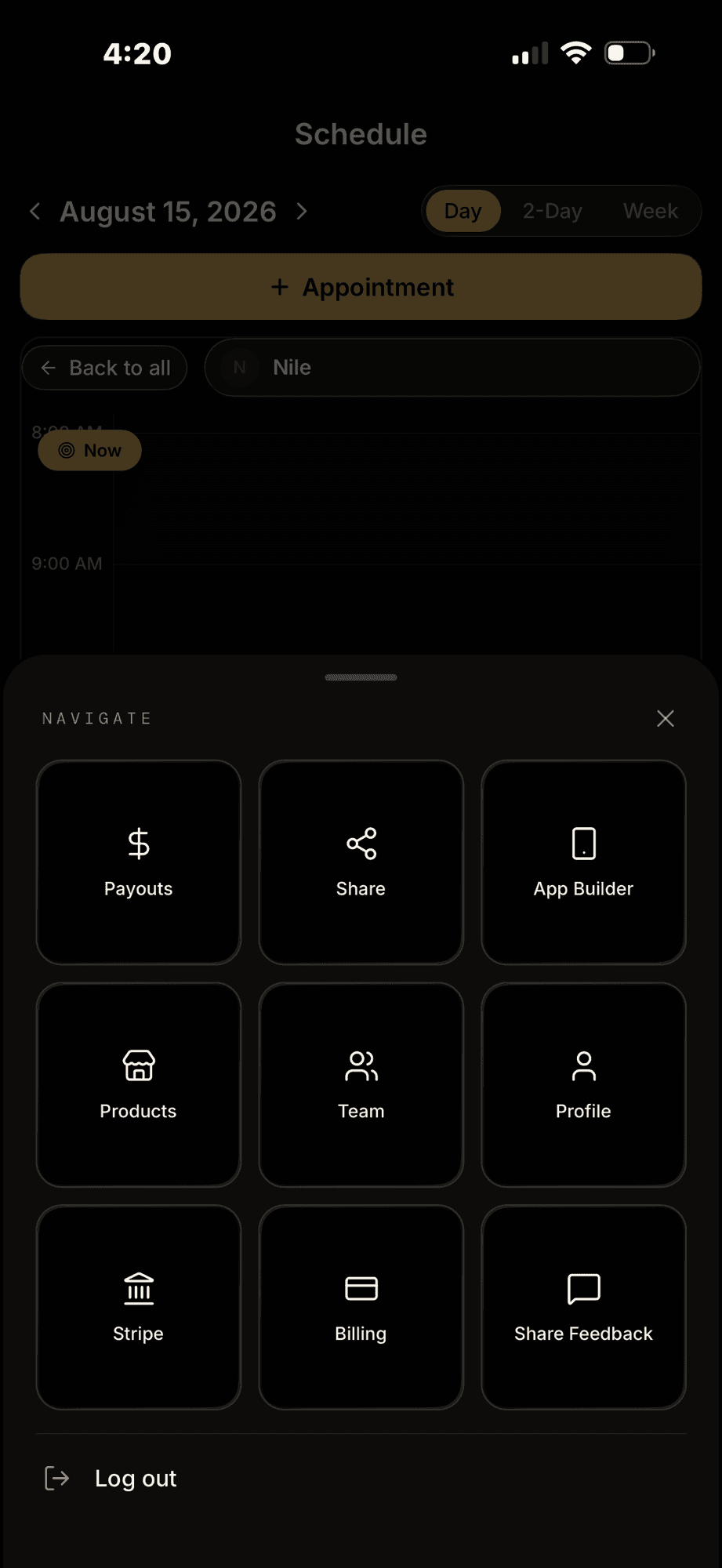 CLPPER Command Center navigation menu — payouts, share, app builder, products, team, profile