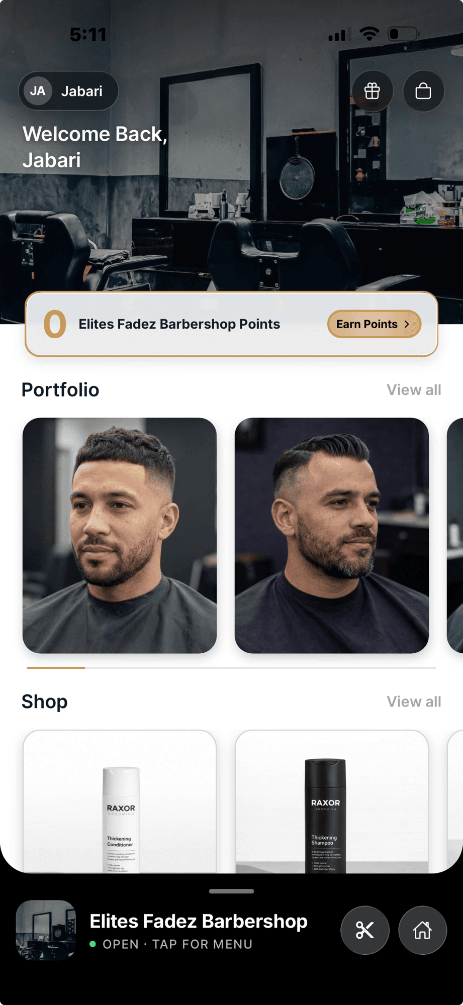 Client-facing branded CLPPER app — Elites Fadez Barbershop welcome screen